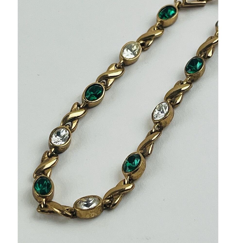 Vintage XO Link Bracelet Gold Copper Tone Rhinestone Emerald Green Rose Dainty